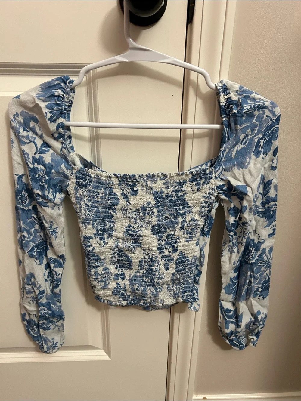 Reformation Blue and White Floral Square Neck Puff Sleeve Blouse